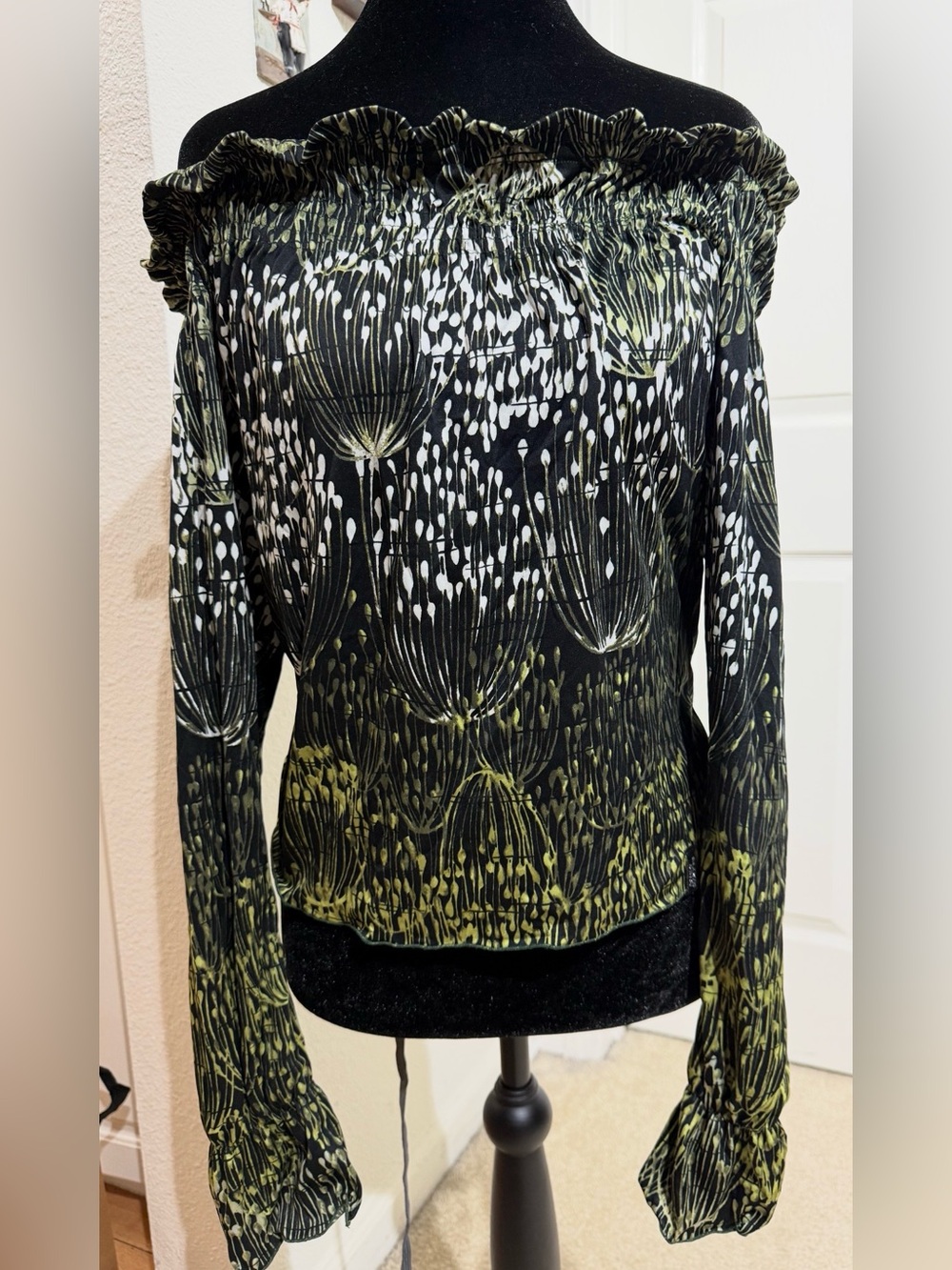 Miss Sixty Vintage Off-Shoulder Floral Olive/White Print Whimsigoth Top, Medium